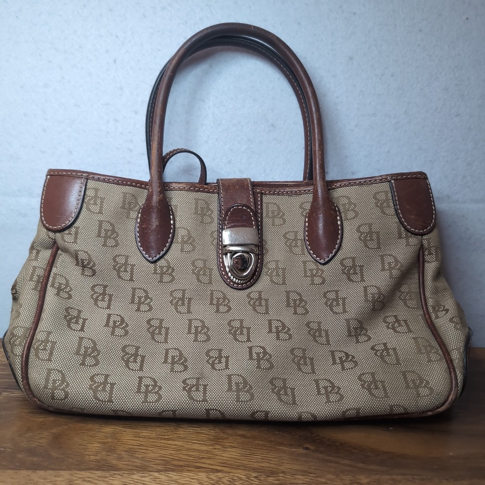 Dooney & Bourke Monogram Canvas Satchel Bag Brown Leather Trim K7242490 FLAWS